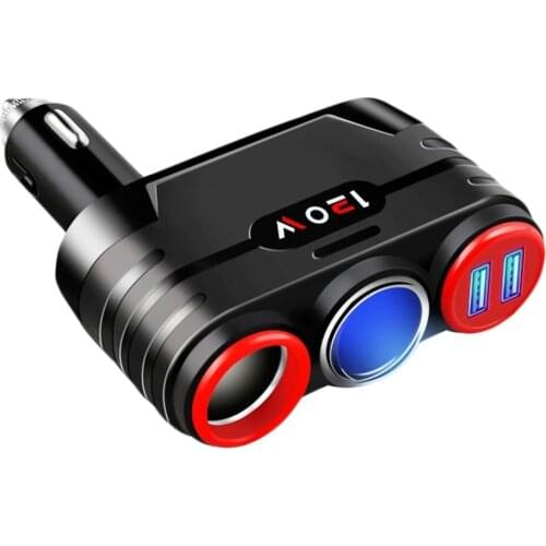 Dual USB car charger multi-function car charger cigarette socket 2 way lighter charger power adapter fast charging Red Blue