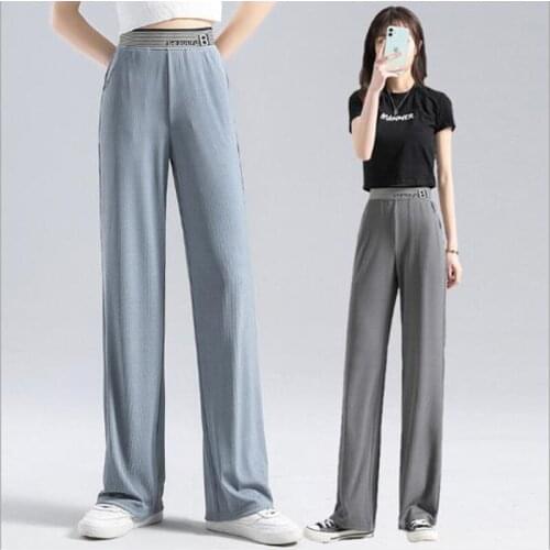 Ice Silk Wide-leg Pants Womens Summer High Waist Loose Nine-point Thin Straight Casual Full-length Trousers Black Blue S-5XL
