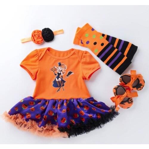 New Baby Girls Halloween gifts Infant pumpkin rompers dress toddler shoes flower headbands leg warmer 4 piece Kids clothing set