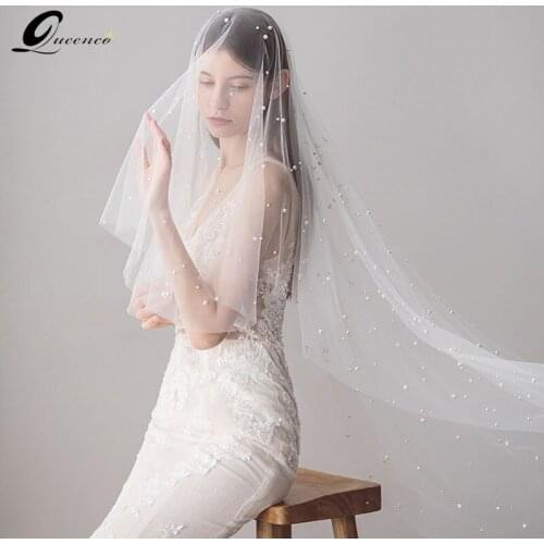 White Ivory Pearl Wedding Veils Long Cut Edge Bridal Veil with Comb Wedding Hair Accessories Bride Mantilla Wedding Veil