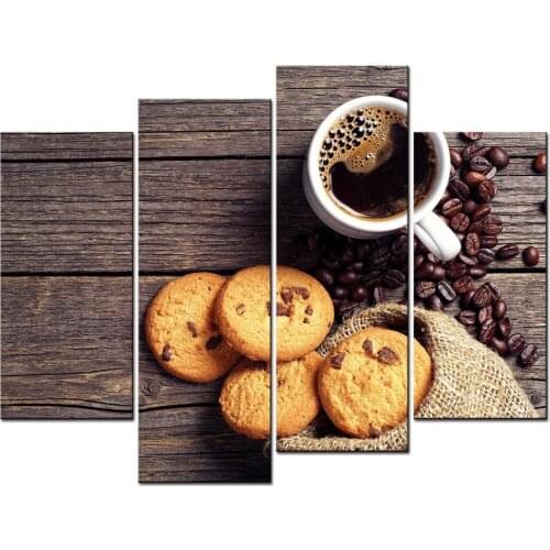 Hot Sales 4 Panels Picture Coffee And Cookies HD Canvas Print Painting Artwork Wall Art Canvas Painting Wholesale Food Poster