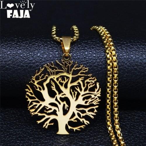 2021 New Tree of Life Stainless Steel Statement Necklace for Women/Men Gold Color Long Chain Necklace Jewelry colgante N20298
