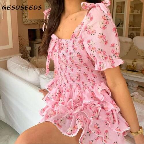 Summer short sleeve dress women floral dresses pink mini dress elegant square neck ruffle dresses bow tie cake dress party