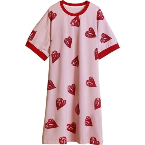 Summer Women Sleepwear Red Heart Print Nighty Nightdress Cotton Lingerie Nightgown Lady Nightwear Female Night Home Cloth Dress