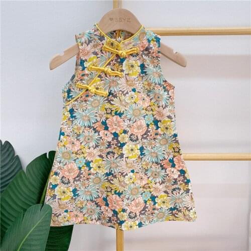 New Children Girls Stand-Up Collar Floral Flower Print Qipao Chinese Traditional Style Kids' Dress Summer Skirt Childrens Wear