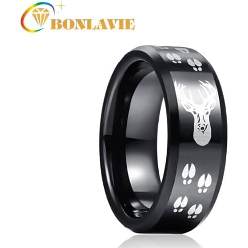 BONLAVIE 8mm Black Black Elk Tungsten Carbide Ring Wedding Band for Men Rings Engagement Jewelry