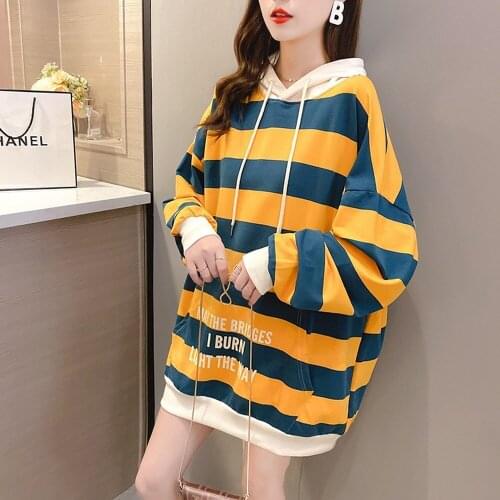Autumn Hooded Kangaroo Pocket Striped Sweater Loose Top Sweater Hoodies Women Crewneck Sweatshirt Streetwear Women