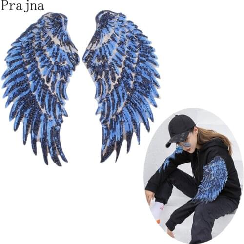 Prajna Large Blue Wings Sequin Patches Ironing Sew On Patches For Clothes Fabric Jeans Jacket Patches Angel Applique DIY Badges