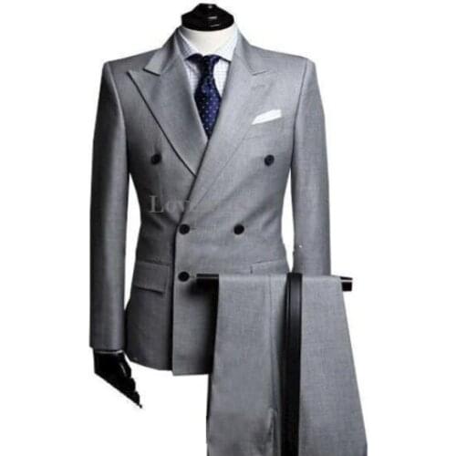 Grey Men Suits Double Breasted Groom Tuxedos 2 Pieces( Jacket+Pants) Groomsmen Best Men Wedding Suit Formal Business Suit