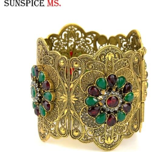Sunspicems Big Ethnic Algerian Bangle Cuff Bracelet for Women Antique Gold Color African Crystal Wedding Jewelry Gift