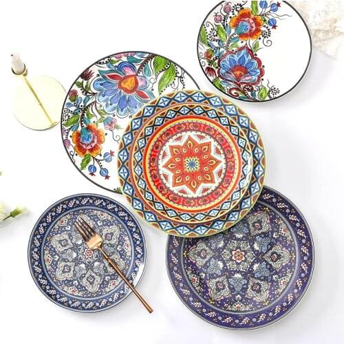 Plate Dish Home Retro Bohemian Dinner Plates Ceramic Steak Dishes Kitchen Utensils Eight Inches European Retro Style Creativity