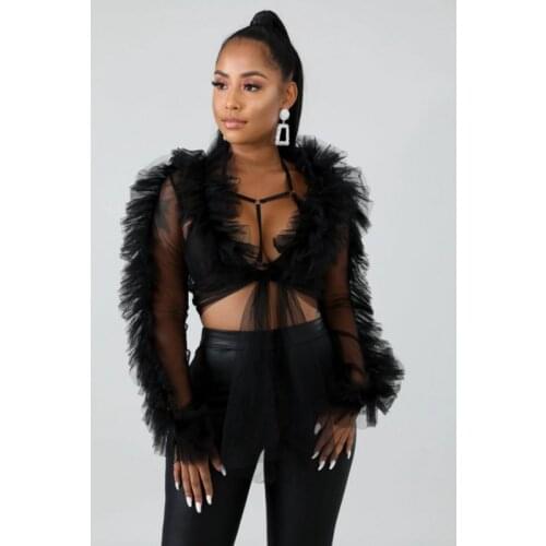 Womens Autumn Clothes New Long Sleeve Perspective Three-layer Mesh Sexy Top Black White Sexy