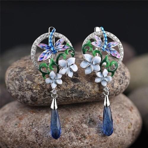 Bohemia Earrings For Women Zircon Crystal Handmade Enamel Flower Dragonfly Earrings Trendy Jewelry
