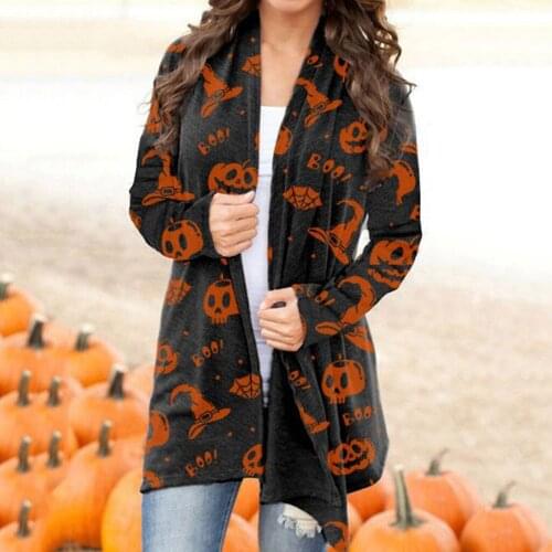Women Halloween Cardigan Fashionable Pumpkin Animal Cat Printing Jacket Long Sleeve Coat Female Autumn Winter Plus Size Clothes