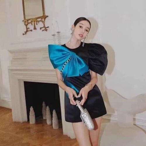 Ladies style diamond-studded bow satin dress 2021 summer new style light luxury waist slimming round neck puff sleeve dress