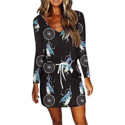 Women Summer Autumn Long Sleeve Dresses Vintage Printed Sashes Mini Dress Comfy Vacation A-line Sundress High Street Vestidos
