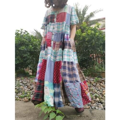 Summer Retro Chinese Style Casual Stitching Big Swing Loose Long Dress casual womens dresses