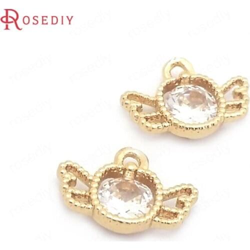 39601)10PCS 8x12MM 24K Gold Color Brass and Zircon with Wing Round Charms Pendants Jewelry Making Supplies Findings Accessories