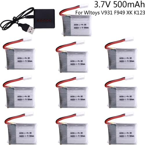 10PCS/lot LiPo Battery with charger For Wltoys V931 F949 XK K123 6Ch RC Helicopter 3.7V 500mAh 25C for WLtoys RC toys V931 F949