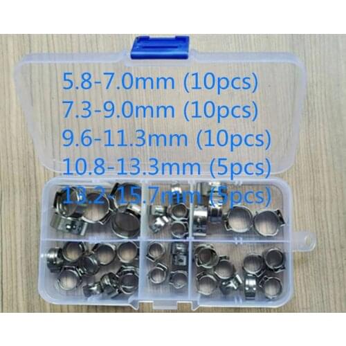 Free shipping Pipe Clamp High Quality 40 PCS Stainless Steel 304 Single Ear Hose Clamps Assortment Kit Single with box
