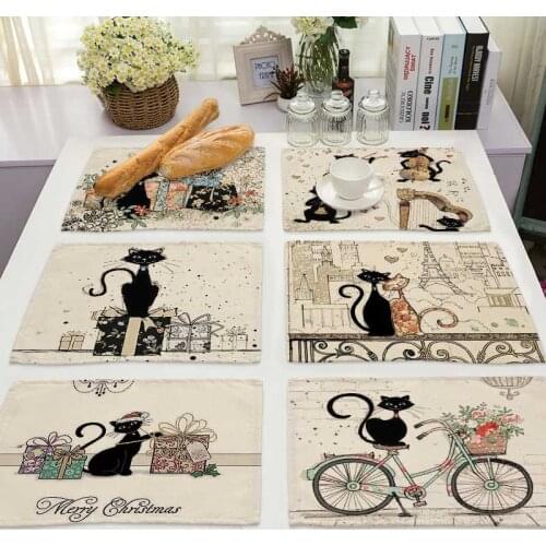 Bkack Cat Pattern Cotton Linen Pad Dining Table Mats Coaster Bowl Cup Mat Pattern Kitchen Placemat 42*32cm Home Decor MA0125