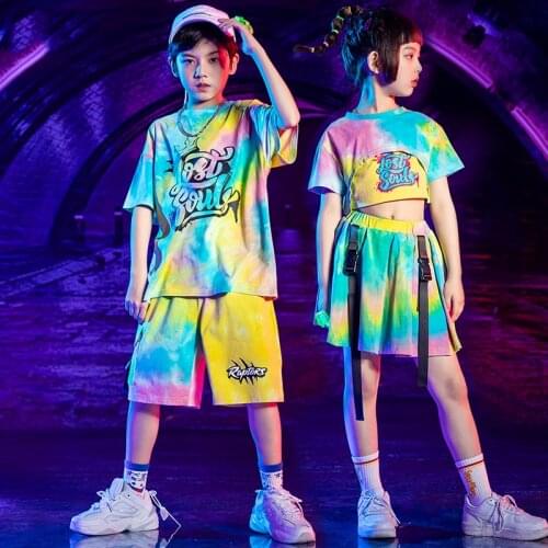 Kids Hip Hop Dance Clothes Fashion Multicolor Suit Short Sleeve Summer Boys Street Dance Jazz Performance Clothing Girls BL6064
