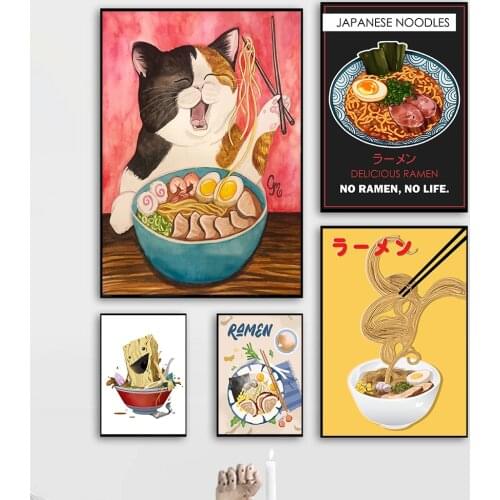 Ramen Cat Canvas Art Painting Japanese Food Noodles Posters and Prints Cats Animals Wall Pictures For Kitchen Restaurant Decor