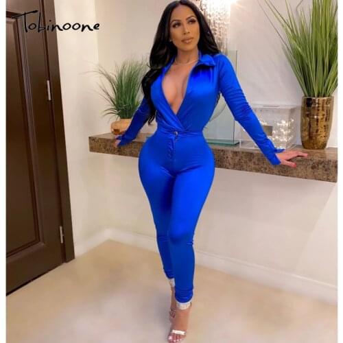Tobinoone Fashion Satin Women Jumpsuit Long Sleeve Deep V Neck Sexy Hot Rompers Autumn Slim Skinny Button Sexy Club Jumpsuits