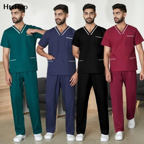 Mens Solid Color Medical Uniform Set Male Wholesale Clinic Hospital Doctor Overalls V-neck Fashion Scrub Pharmacy Nurse Clothes