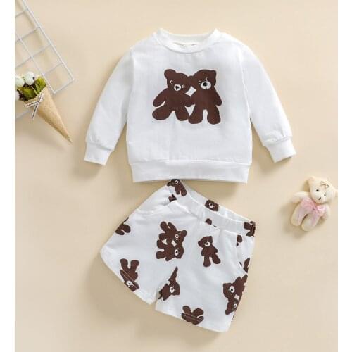 Fashion Children Kid Girls Autumn Clothing Sets Toddler Cartoon Bear Print Long Sleeve Pullover Tops+Shorts Outfits