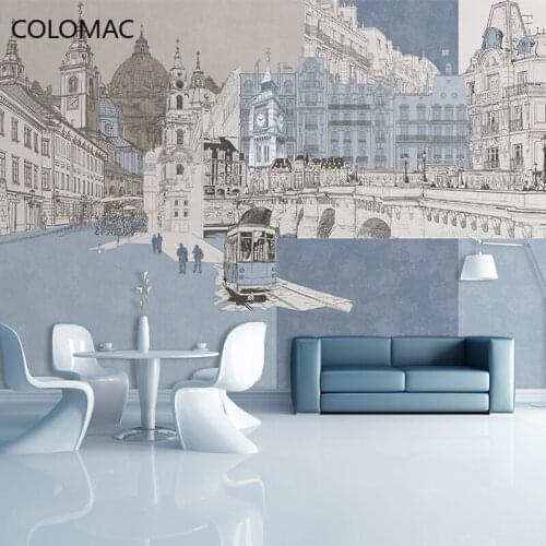 Colomac Custom Non-woven Light Blue Street View Building Background Wallpaper Seamless Mural Wall Stickers Decor Drop Shopping