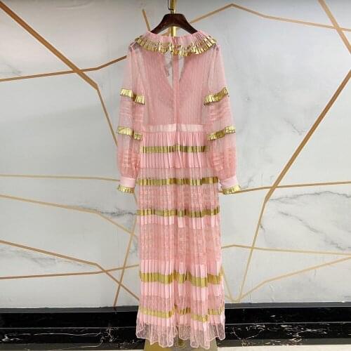 Plus Size Pink 2021 Spring Summer Long Lantern Sleeve Ruffles Mesh Tassel Pleated XXL XXXL Christmas Dress