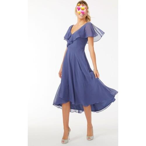 Hi Low Bridesmaid Dresses Ruffles Sleeve V Neck Wedding Guest Dresses Blue Chiffon Wedding Evening Dress