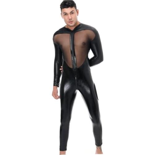 Plus Size Patent Leather Hollow Out Mesh Splice Catsuit Mens Sexy Long Sleeves See Through Jumpsuit Zipper Open Crotch Bodysuit