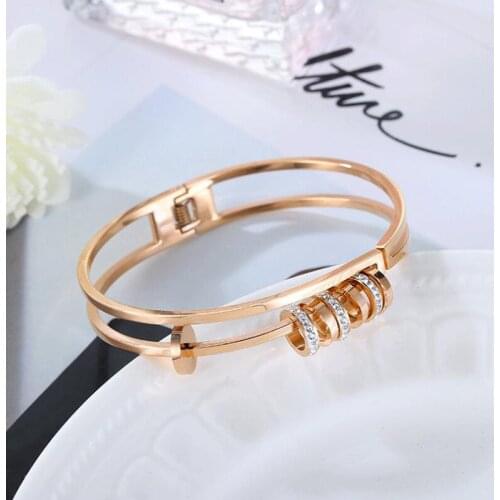 TJP New Arrival Fashion 316 Stainless Steel Rose Gold Crystals Spring Bangle Bracelets Nickel Free Jewelry for Women Best Gift