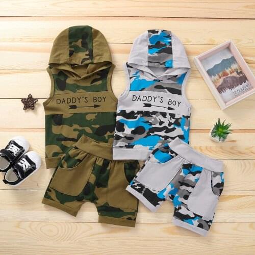 Toddler Kids Baby Boys Summer Casual Clothes Sets Camouflage Letter Printed Sleeveless Hooded Tops Shorts 2pcs Sets