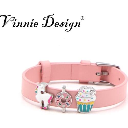 Vinnie Design Jewelry Genuine Leather Charm Bands Wrappable Bracelet Set with Silver Color Slide Charms