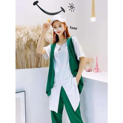 2020 Womens spring summer 3-piece suit Female plus size Korean loose short-sleeved t-shirt + vest + casual pants suit 6XL