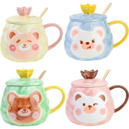 380ML Ceramic Mug With Lid And Spoon Creative Cartoon Little Bear Coffee Cup Couple Drinking Water Cup