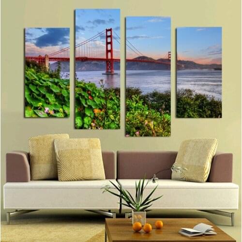 4 Piece Oil Painting Golden Gate Bridge Night Landscape Home Decorative Art Picture Paint on Canvas Prints Cuadros Decoracion
