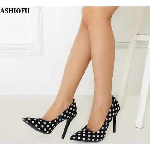 ASHIOFU Handmade Womens High Heel Pumps White-dots Slip-on Party Prom Dress Shoes Pointed-toe Evening Fashion Court Shoes