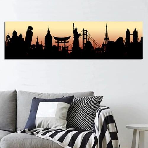 Black and Yellow Abstract Artwork City Silhouette Skyline Sunset Landscape Canvas Painting for Gym Entrance Home Decor