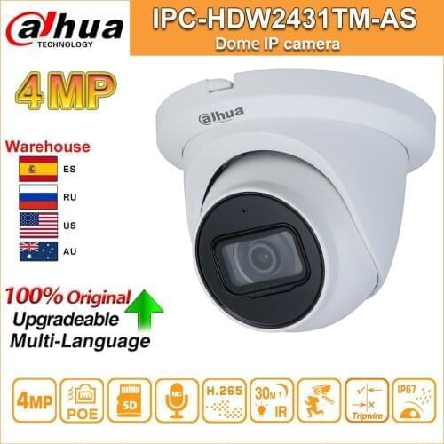 Original Dahua IPC-HDW2431TM-AS-S2 IP Camera HD 4MP PoE IR30M Micro SD Card Slot H.265 IP67 IK10 Dome Camara Webcam Built-in Mic