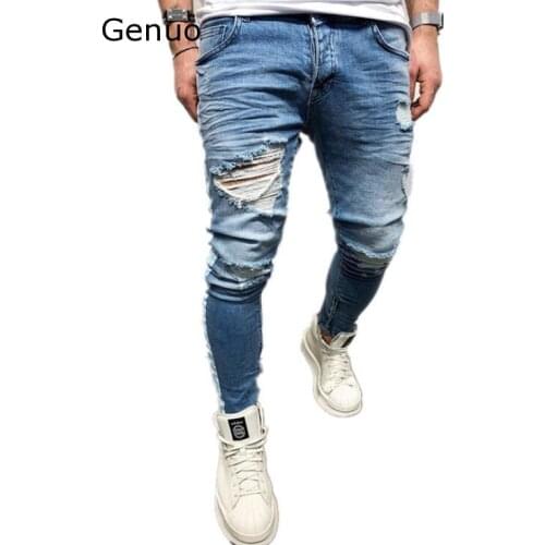 Genuo New Distressed Ripped Holes Men Jeans Side Striped Blue Jeans Men Zipper Hip Hop Jeans Streetwear Slim Biker Jeans Skinny