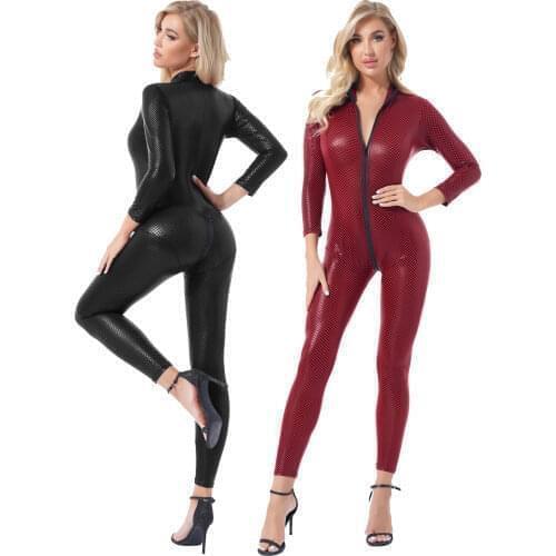 Womens Skinny Bodycon Bodysuit Patent Leather Plaid Romper Jumpsuit High Neck Long Sleeve Zipper Catsuit with G-string Briefs