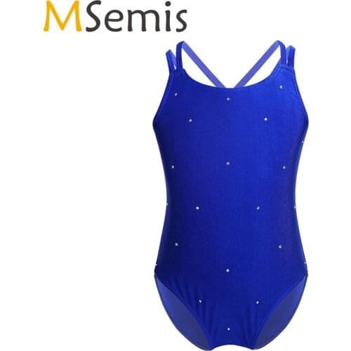 MSemis Girls Figure Ice Skating Costume Kids Spaghetti Shoulder Straps Rhinestone Roller Skating Ballet Dance Gymnastics Leotard