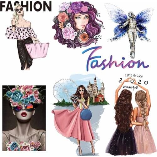 Fashion Girls Thermal Stickers Beautiful Lady Heat vinyl Transfer For Clothing Iron On Transfers For Clothes Appliques Stickers
