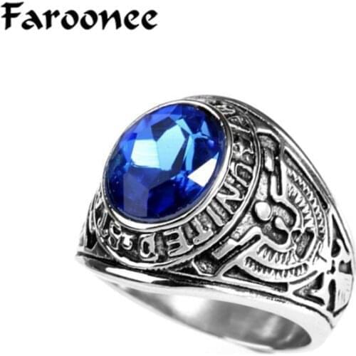 Mens Vintage Punk Ring Silver Color Jewelry Round Sapphires Red Stone Inlayed Non-fading Stainless Steel Military Rings Gifts