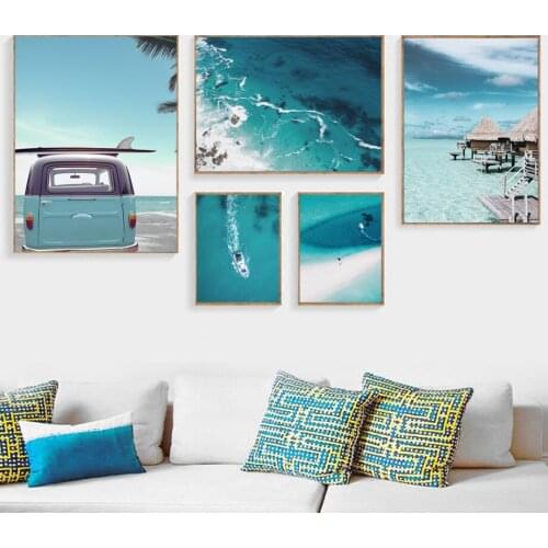 Ocean Car Boat Beach Tropical Seascape Wall Art Canvas Painting Nordic Posters And Prints Wall Pictures For Living Room Decor