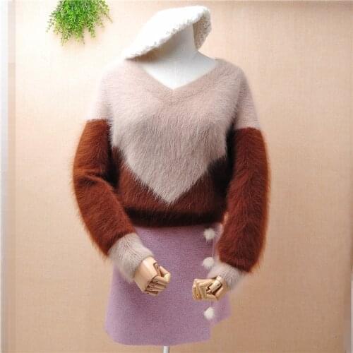 Lady women fashion colored v-neck short style angora rabbit fur knitted loose pullover mink cashmere winter warm jumper sweater